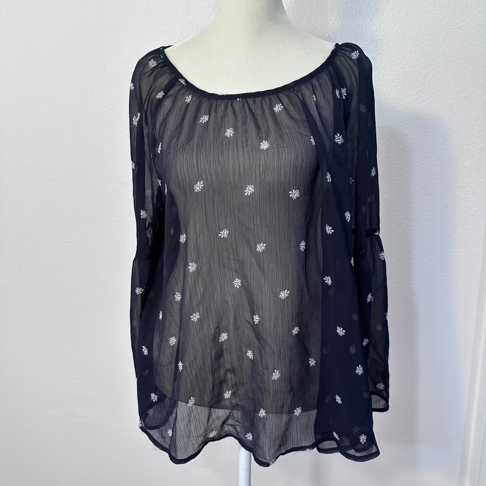 Airy Boho Brunch Floral Sheer Bell Sleeve Top Women L Navy Blue